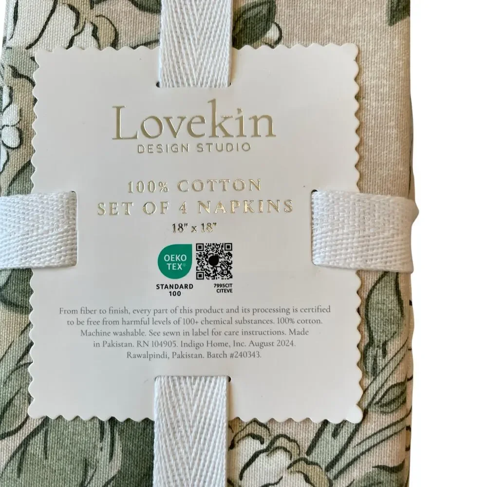 LOVEKIN Tavi Bloom Napkins 18x18 Green Spring Floral 100% Cotton NEW